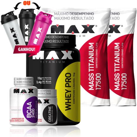Kit Hipertrofia Massa Whey Pro Creatina Bcaa - Max Titanium Menor preço em Kit Hipertrofia Massa Whey Pro Creatina Bcaa - Max Titanium
