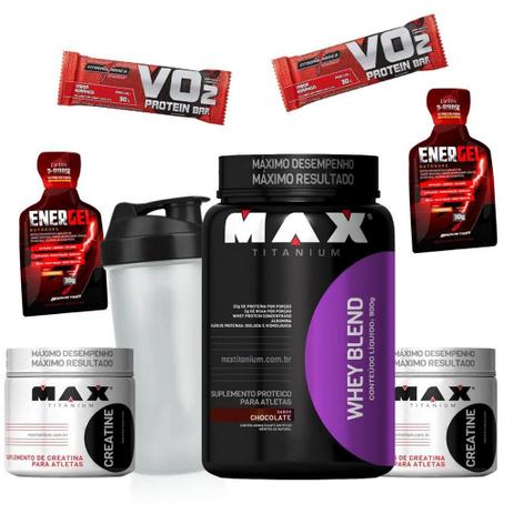 Kit Hipertrofia Max Titanium Whey Protein Blend Isolado Concentrado Hidrolisado 900g + 2x Creatina Menor preço em Kit Hipertrofia Max Titanium Whey Protein Blend Isolado Concentrado Hidrolisado 900g + 2x Creatina