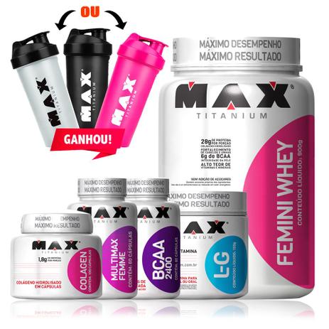 Kit Hipertrofia Mulher Whey Femini Bcaa Colageno Glutamina - Max titanium Menor preço em Kit Hipertrofia Mulher Whey Femini Bcaa Colageno Glutamina - Max titanium