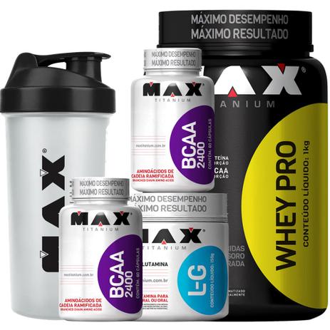 Kit Hipertrofia - Whey + Glutamina + 2x Bcaa - Max titanium Menor preço em Kit Hipertrofia - Whey + Glutamina + 2x Bcaa - Max titanium