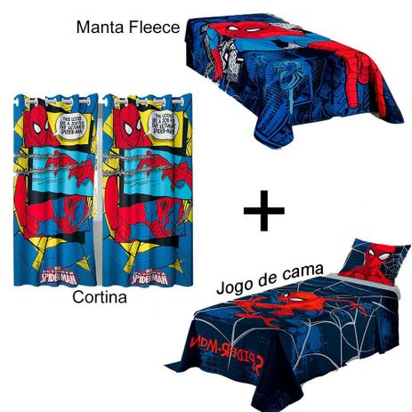 Kit Homem Aranha Jogo de cama + Cortina + Manta Fleece - Lepper Menor preço em Kit Homem Aranha Jogo de cama + Cortina + Manta Fleece - Lepper