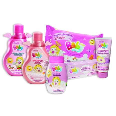 Kit Hora do Banho Shampoo +Cond+Talco+Creme Assadura+Lenço F - Muriel Menor preço em Kit Hora do Banho Shampoo +Cond+Talco+Creme Assadura+Lenço F - Muriel