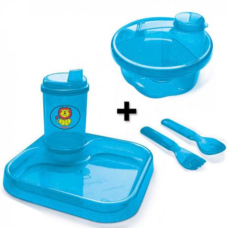 Kit Infantil com Porta Leite em Po + Prato, Copo + Garfo e Colher Azul injetemp Menor preço em Kit Infantil com Porta Leite em Po + Prato, Copo + Garfo e Colher Azul injetemp