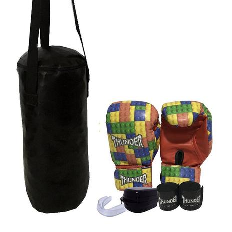 Kit Infantil Muay Thai Boxe kickboxing MMA - Luva infantil bandagem protetor bucal + Saco de Pancadas 50 cm - Thunder Fight - ref 1141 Menor preço em Kit Infantil Muay Thai Boxe kickboxing MMA - Luva infantil bandagem protetor bucal + Saco de Pancadas 50 cm - Thunder Fight - ref 1141