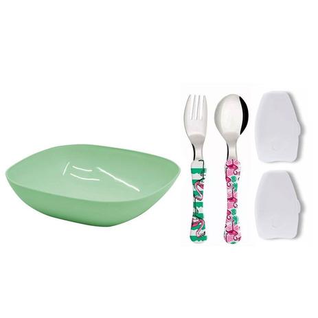 Kit Infantil Prato Bowl Talheres Baby Kids Verde Flamingo - Simonaggio Menor preço em Kit Infantil Prato Bowl Talheres Baby Kids Verde Flamingo - Simonaggio