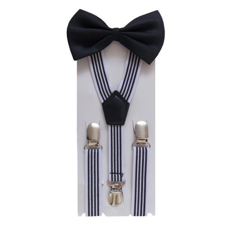 Kit Infantil Suspensório Branco Listrado + Gravata Borboleta - Suspenders Menor preço em Kit Infantil Suspensório Branco Listrado + Gravata Borboleta - Suspenders