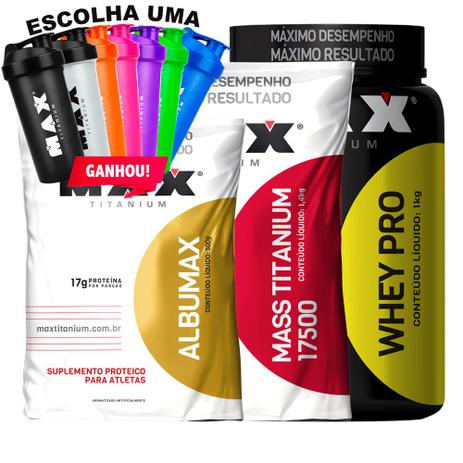 Kit Iniciante - Whey + Albumina + Hipercalorico + Brinde - Max titanium Menor preço em Kit Iniciante - Whey + Albumina + Hipercalorico + Brinde - Max titanium