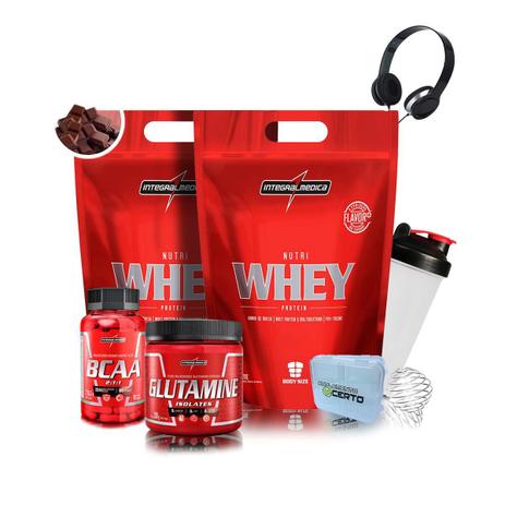 KIT INTEGRALMEDICA MASSA MAGRA - 2x Whey + Glutamina + Bcaa + Coqueteleira + Acessórios Menor preço em KIT INTEGRALMEDICA MASSA MAGRA - 2x Whey + Glutamina + Bcaa + Coqueteleira + Acessórios