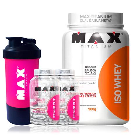 Kit Iso Whey + 2x Femini Cut - Definição muscular - Max Titanium Menor preço em Kit Iso Whey + 2x Femini Cut - Definição muscular - Max Titanium