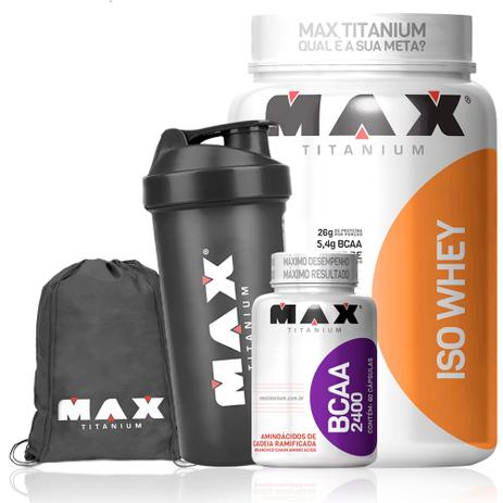 Kit Isolado Iso Whey + Bcaa + Coq + Bolsa Bag Max Titanium Menor preço em Kit Isolado Iso Whey + Bcaa + Coq + Bolsa Bag Max Titanium