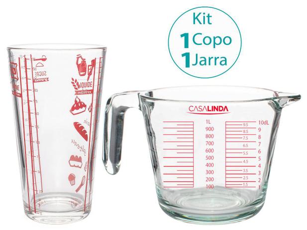 Kit Jarra Medidora 1 Litro e Copo Medidor 450ml Vidro - CASALINDA Menor preço em Kit Jarra Medidora 1 Litro e Copo Medidor 450ml Vidro - CASALINDA