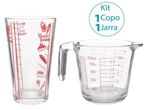 Kit Jarra Medidora 500ml e Copo Medidor 450ml Vidro - CASALINDA Menor preço em Kit Jarra Medidora 500ml e Copo Medidor 450ml Vidro - CASALINDA