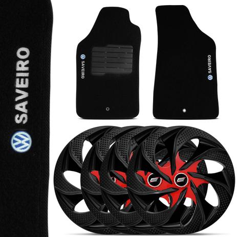 Kit Jogo Calotas DS4 Prime Preto com Vermelho + Tapetes Preto Saveiro G3 00 a 05 Menor preço em Kit Jogo Calotas DS4 Prime Preto com Vermelho + Tapetes Preto Saveiro G3 00 a 05