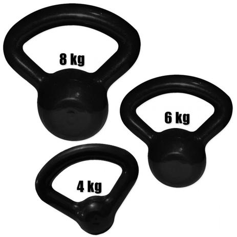 Kit Kettlebell com 4kg, 6kg e 8kg Emborrachado Preto Mega Peso Menor preço em Kit Kettlebell com 4kg, 6kg e 8kg Emborrachado Preto Mega Peso