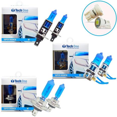 Kit Lampada H1 H3 H7 Super Branca 8500k Tipo Xenon + Pingo Led - Techone Menor preço em Kit Lampada H1 H3 H7 Super Branca 8500k Tipo Xenon + Pingo Led - Techone