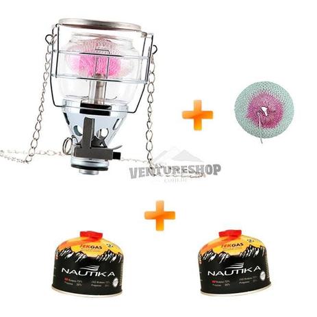 Kit Lampião Cairo + 2 Cartuchos de GásTekgás + Camisa (2 amarras) - Nautika Menor preço em Kit Lampião Cairo + 2 Cartuchos de GásTekgás + Camisa (2 amarras) - Nautika