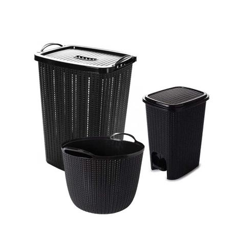 Kit Lavanderia Cesto de Roupa Preto Lixeira Cesta Plástico - Plasutil