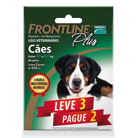 Kit Leve 3 Pague 2 - Antipulgas e Carrapatos Frontline Plus para Cães de 40 kg ou mais - Merial Menor preço em Kit Leve 3 Pague 2 - Antipulgas e Carrapatos Frontline Plus para Cães de 40 kg ou mais - Merial