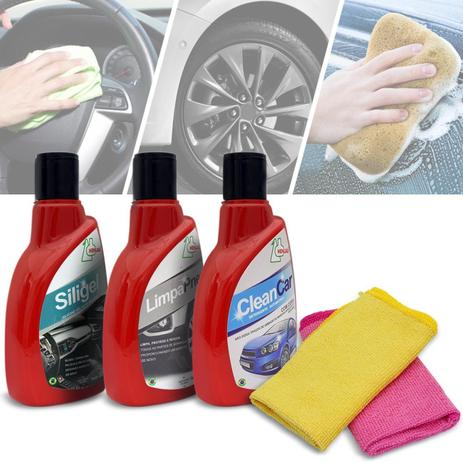 Kit Limpeza Automotiva Clean Car Detergente com Cera + Silicone em Gel + Limpa Pneu + 2 Flanelas - Henlau Menor preço em Kit Limpeza Automotiva Clean Car Detergente com Cera + Silicone em Gel + Limpa Pneu + 2 Flanelas - Henlau