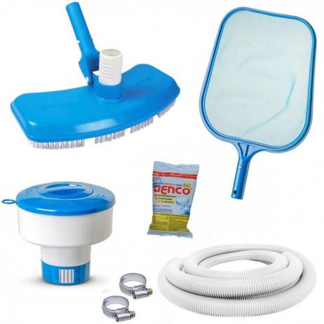 Kit Limpeza de Piscina Mangueira 2m + Aspirador + Peneira + Flutuador + Cloro Netuno Menor preço em Kit Limpeza de Piscina Mangueira 2m + Aspirador + Peneira + Flutuador + Cloro Netuno
