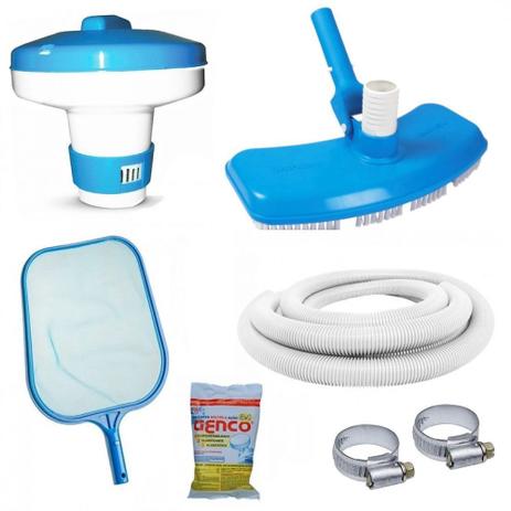 Kit Limpeza de Piscina Mangueira 4m + Aspirador + Peneira + Cloro + Flutuador Netuno Menor preço em Kit Limpeza de Piscina Mangueira 4m + Aspirador + Peneira + Cloro + Flutuador Netuno
