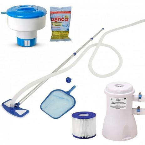 Kit Limpeza para Piscinas Aspirador + Bomba Filtro 110v + Flutuador + 3 Pastilhas Cloro Mor Menor preço em Kit Limpeza para Piscinas Aspirador + Bomba Filtro 110v + Flutuador + 3 Pastilhas Cloro Mor