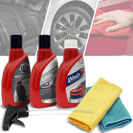 Kit Limpeza Washtec Detergente Automotivo sem Enxague + Renovador de Couro + Limpa Pneu + 2 Flanelas - Henlau Menor preço em Kit Limpeza Washtec Detergente Automotivo sem Enxague + Renovador de Couro + Limpa Pneu + 2 Flanelas - Henlau