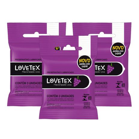 Kit Lovetex Preservativo Lubrificado Sabor Uva - 3 unid. Menor preço em Kit Lovetex Preservativo Lubrificado Sabor Uva - 3 unid.