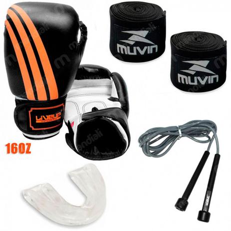 Kit Luva Boxe 16 Oz + 2 Bandagens Pretas 3m + Protetor Bucal e Corda de Pular Venum Menor preço em Kit Luva Boxe 16 Oz + 2 Bandagens Pretas 3m + Protetor Bucal e Corda de Pular Venum