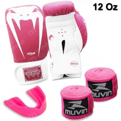 Menor preço em Kit Luva Boxe Venum Giant Rosa 12 Oz + 2 Bandagens + Protetor Bucal