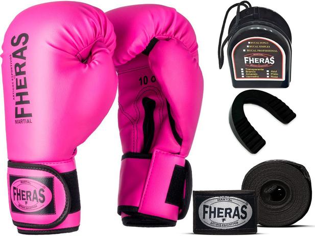 Kit Luva de Boxe Muay Thai MMA Bandagem e Bucal Rosa 12oz - Fheras Menor preço em Kit Luva de Boxe Muay Thai MMA Bandagem e Bucal Rosa 12oz - Fheras