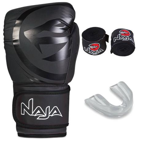 Kit Luva de Boxe Naja Black Line Preto + Bandagem + Bucal Menor preço em Kit Luva de Boxe Naja Black Line Preto + Bandagem + Bucal