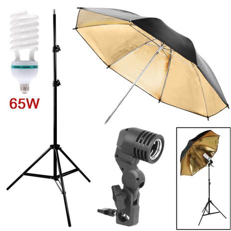 Kit Luz Contínua Estúdio 65W - Tripé Suporte E27 Sombrinha Rebatedora Dourada - Fotobestway Menor preço em Kit Luz Contínua Estúdio 65W - Tripé Suporte E27 Sombrinha Rebatedora Dourada - Fotobestway