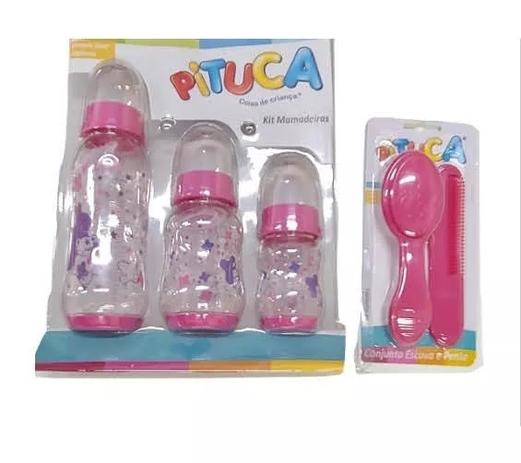 Kit mamadeira + kit pente e escova rosa - Pituca Menor preço em Kit mamadeira + kit pente e escova rosa - Pituca