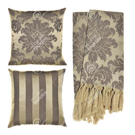 Kit Manta e Capa de Almofada em Tecido Jacquard Tradicional Marrom Acinzentado e Bege Menor preço em Kit Manta e Capa de Almofada em Tecido Jacquard Tradicional Marrom Acinzentado e Bege