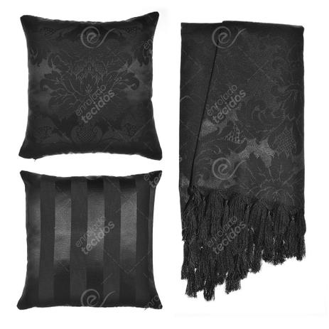 Kit Manta e Capa de Almofada em Tecido Jacquard Tradicional Preto Menor preço em Kit Manta e Capa de Almofada em Tecido Jacquard Tradicional Preto