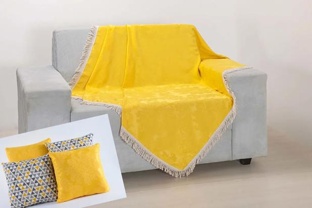 Kit Manta Xale Para Sofá Grande Retrátil + Capas de Almofada Triangulo Amarelo - Casa Pedro Menor preço em Kit Manta Xale Para Sofá Grande Retrátil + Capas de Almofada Triangulo Amarelo - Casa Pedro