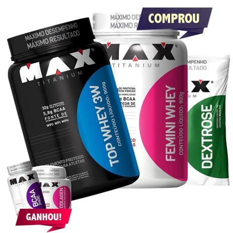 Kit Masculino Feminino Max Titanium Top Whey 3w Femini 900g é boa?