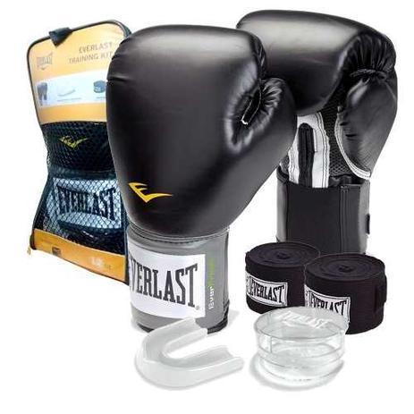 Kit masculino / feminino - Muay Thai Boxe Kickboxing - Luva 14 oz + bandagem + protetor bucal - Everlast - preto Menor preço em Kit masculino / feminino - Muay Thai Boxe Kickboxing - Luva 14 oz + bandagem + protetor bucal - Everlast - preto