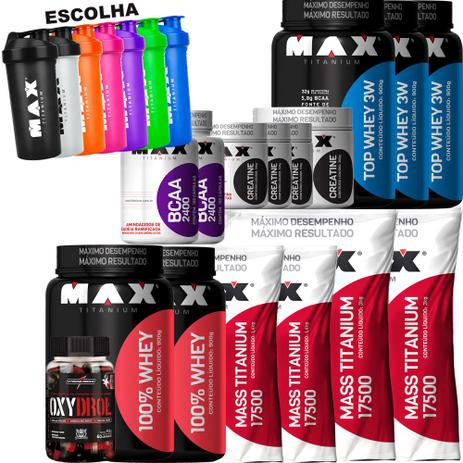 Kit Mass Titanium 100 Top Whey Creatina Bcaa Coq Max TItani - Max titanium Menor preço em Kit Mass Titanium 100 Top Whey Creatina Bcaa Coq Max TItani - Max titanium
