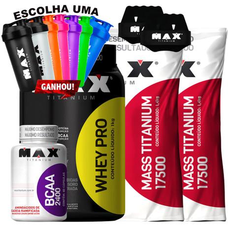 Kit Mass Titanium 1,4kg + Whey Pro + Bcaa + Coq Luva Max Tit - Max titanium Menor preço em Kit Mass Titanium 1,4kg + Whey Pro + Bcaa + Coq Luva Max Tit - Max titanium