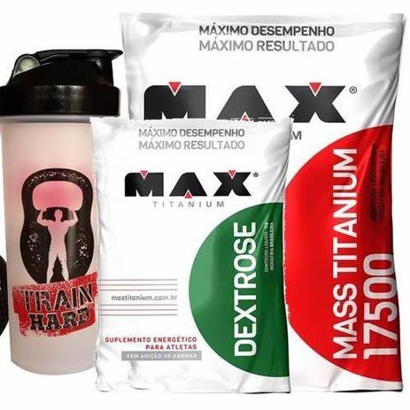Kit Mass Titanium 17500 - 3000g Morango + Dextrose 1000g Natural + Coqueteleira- Max Titanium Menor preço em Kit Mass Titanium 17500 - 3000g Morango + Dextrose 1000g Natural + Coqueteleira- Max Titanium