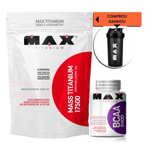 Kit Mass Titanium 3Kg + BCAA 2400 + Brinde - Max Titanium Menor preço em Kit Mass Titanium 3Kg + BCAA 2400 + Brinde - Max Titanium