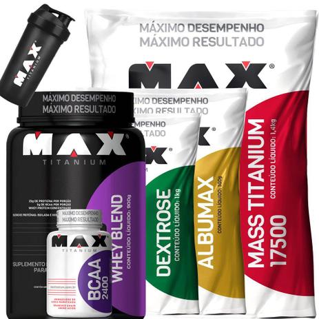 Kit Mass Titanium Albumax Dextrose Whey Blend BCAA Max Titanium Menor preço em Kit Mass Titanium Albumax Dextrose Whey Blend BCAA Max Titanium