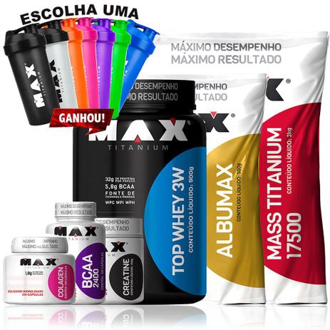 Kit Mass Titanium Albumax Top Whey Creatina Bcaa Colagen Max - Max titanium Menor preço em Kit Mass Titanium Albumax Top Whey Creatina Bcaa Colagen Max - Max titanium