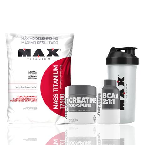 Kit Mass Titanium + Craetina 100 + Bcaa 60caps + Coque - Max titanium Menor preço em Kit Mass Titanium + Craetina 100 + Bcaa 60caps + Coque - Max titanium