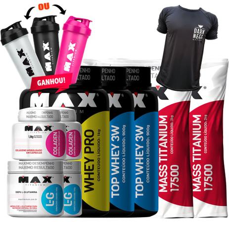 Kit Mass Titanium Top Whey 3w + Whey Pro Gluta Colagen - Max titanium Menor preço em Kit Mass Titanium Top Whey 3w + Whey Pro Gluta Colagen - Max titanium