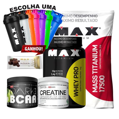 Kit Mass + Whey Pro + Creatina + Bcaa + Gold Bar + Coq - Max titanium Menor preço em Kit Mass + Whey Pro + Creatina + Bcaa + Gold Bar + Coq - Max titanium
