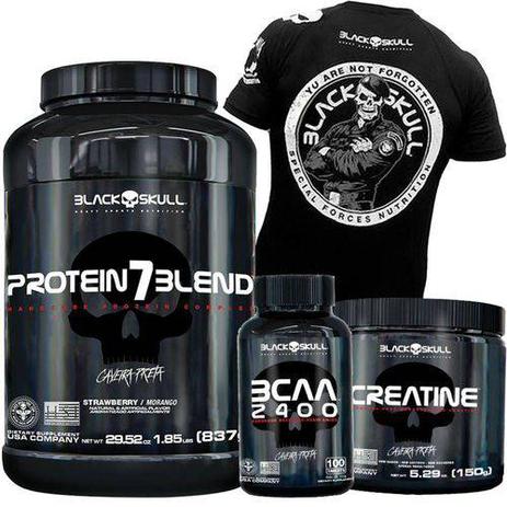 Kit Massa Magra Black Skull - Whey Wey 7Blend + Bcaa + Creatina + Camisa Bope Amendoim Caveira Preta Menor preço em Kit Massa Magra Black Skull - Whey Wey 7Blend + Bcaa + Creatina + Camisa Bope Amendoim Caveira Preta