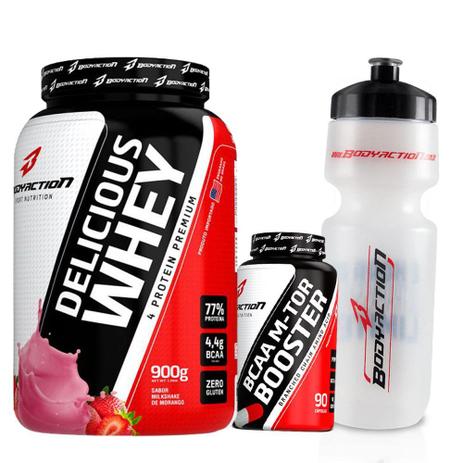 Kit Massa Magra - Delicious Whey Protein 900g + Bcaa M-Tor 90 Cápsulas + Squeeze - Body Action Menor preço em Kit Massa Magra - Delicious Whey Protein 900g + Bcaa M-Tor 90 Cápsulas + Squeeze - Body Action
